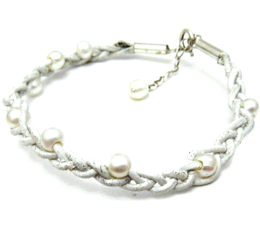 Tiny White Pearls on Plaited Leather